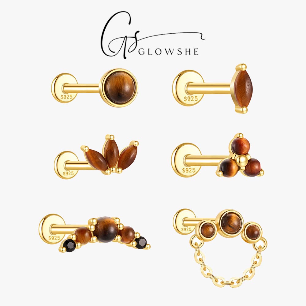 Body Jewelry Cartilage Earrings - ต่างหูเงินแท้ 925 ประดับด้วยหินไทเกอร์อาย 1 ชิ้น เครื่องประดับคุณภาพสูงสำหรับผู้หญิง