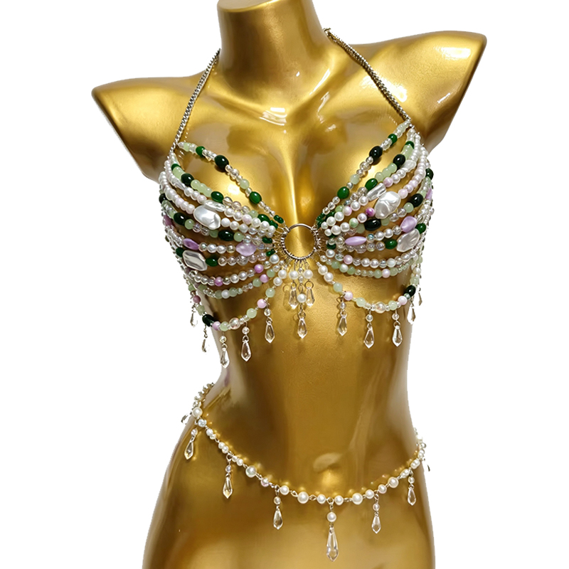 Body Jewelry Bra - เครื่องประดับร่างกายแบบโซ่สำหรับงานเทศกาลดนตรีทำมือ ชุดนางเงือกประดับคริสตัลสีเขียว บราประดับมุกและอัญมณีจากทะเล