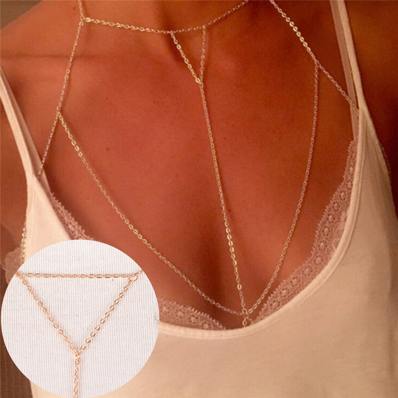 Body Jewelry Bra - แฟชั่นสีเงินสีทองแบบโซ่ต่อกับชุดชั้นในบิกินี่ชายหาดหลายชั้นเซ็กซี่สร้อยคอ V สายโซ่สำหรับผู้หญิงของขวัญเครื่องประดับ