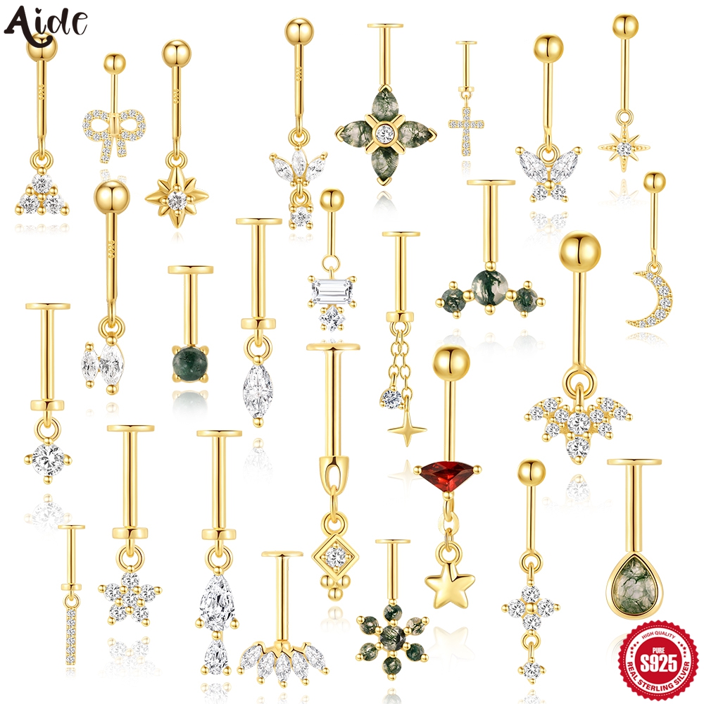 Body Jewelry Labret - ต่างหูเจาะแบบ Labret เงินแท้ 925 ประดับมอสอาเกตและเพชร CZ