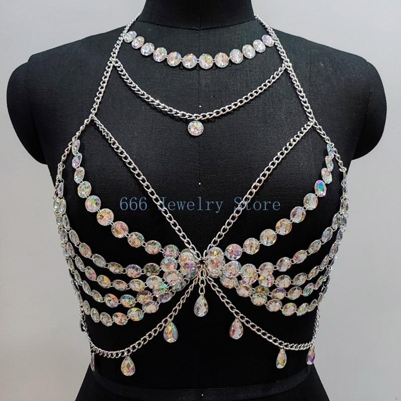 Body Jewelry Bra - F2TD ชุดเครื่องประดับร่างกายที่ทันสมัยพร้อมชุดชั้นใน Rhinestones และโซ่หน้าท้อง อุปกรณ์เสริม Portaqble