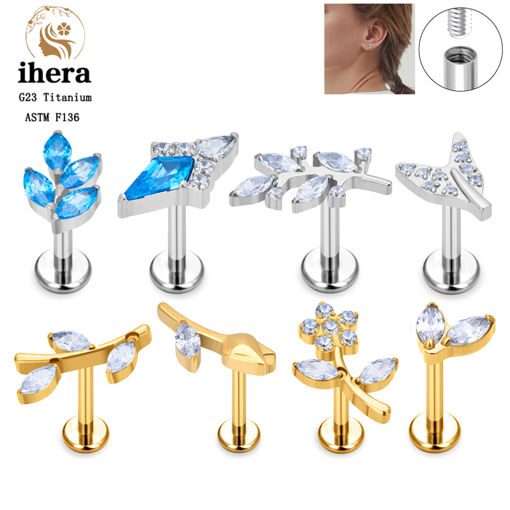 Body Jewelry Labret - ต่างหูแบบเจาะลายใบไม้ประดับเพชร CZ รุ่น F136 ไทเทเนียม สำหรับเจาะริมฝีปาก