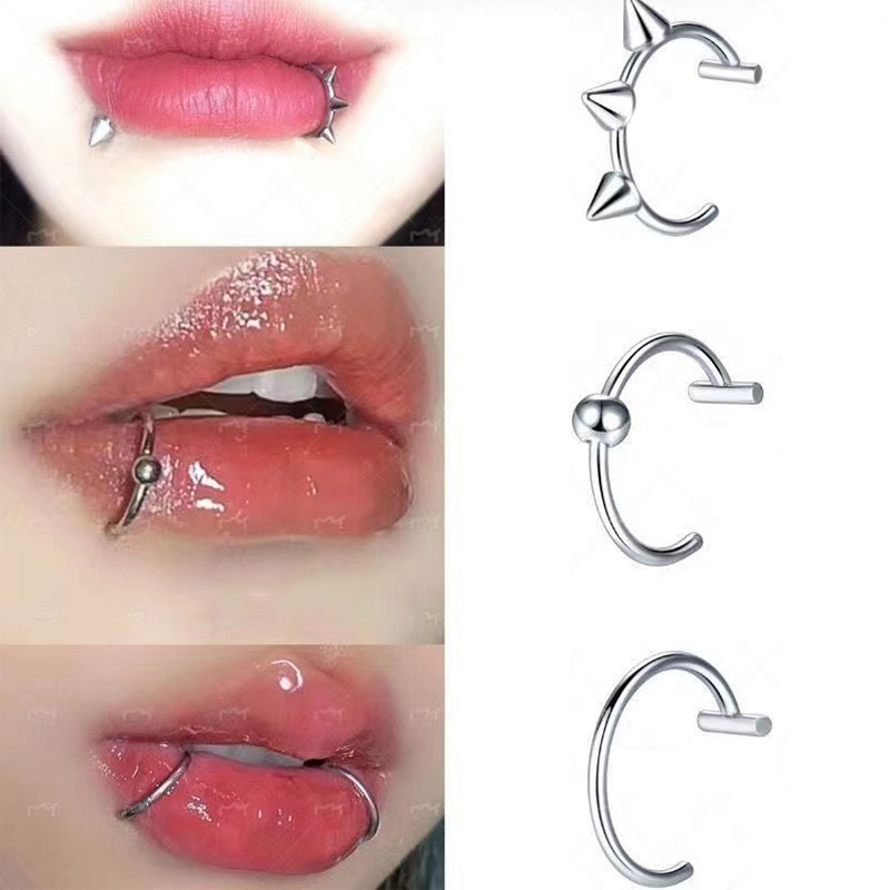 Body Jewelry Labret - แหวนจมูกปลอมสแตนเลส 1 ชิ้น แบบหนีบ แหวนเจาะริมฝีปาก ต่างหู
