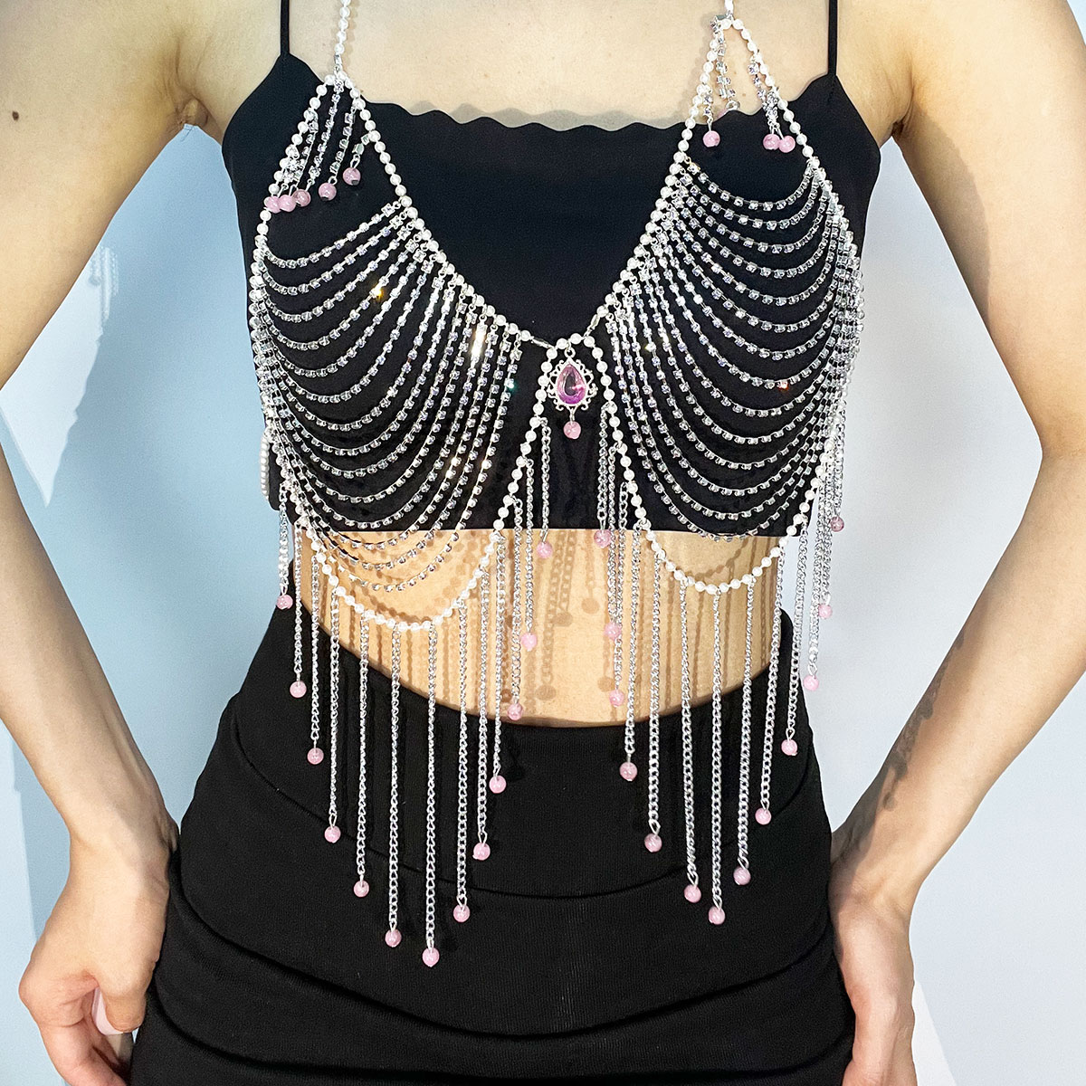 Body Jewelry Bra - สไตล์ Rhinestone Bra เครื่องประดับเซ็กซี่ไข่มุกจําลองลูกปัด Tzitzit Body